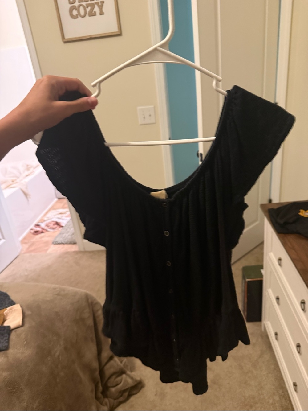 We The Free Black Button-Front Peplum Short Sleeve Top